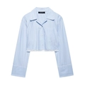 Chemise courte à rayures bleu clair pour femme avec dentelle et poche poitrine - Haut Bleu