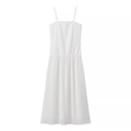 Elegant minimalist white spaghetti strap maxi dress with slim fit pleated waist for women - S / White