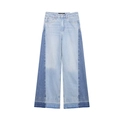 Vaqueros de cintura alta y pierna ancha con un diseño denim bicolor y dobladillos deshilachados - XS / Azul Claro