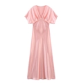 Detailed view of pink silk satin maxi dress with deep V-neck and puff sleeves design - XS / Pink