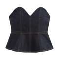 Detail of dark blue denim peplum tube top with contrasting yellow stitching and heart neckline - S / Denim Bustier Top