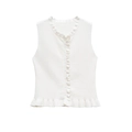 Haut tricoté blanc sans manches pour femmes avec bordures volantées et petits boutons - S / Blanc