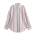Camisa de popelina para mujer con rayas verticales rojas y diseño de hombros caídos - XS / Rayas rojas