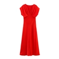 Detail of red V-neck maxi dress with elegant pleats and premium silk texture finish - XS / Red