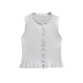 Détail du gilet en tricot gris clair avec volants délicats et boutons nacrés - S / Gris clair