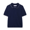 Women's dark blue V-neck knit polo top with elegant white scalloped trim edges - S / Navy Blue