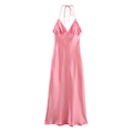 Rosa Satin-Maxikleid mit Neckholder, V-Ausschnitt und eleganten Plissee-Verzierungen - XS / Rosa