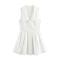 Elegante vestido blanco sin mangas con cuello en V, falda plisada y solapa - XS / Blanco