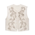 Gilet court beige vintage avec broderies florales et texture daim pour femme - XS / Blanc