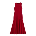 Elegant red sleeveless midi dress featuring a slim fit bodice and pleated skirt detail - S / Red