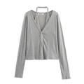 Women's grey V-neck knit long sleeve cardigan set with halter neck detail and single button - S / Gray