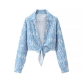 Women's blue and white vertical striped tie-front cropped shirt in size small - S / Blue