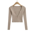 Slim fit khaki V-neck long sleeve knit crop top featuring stylish front buttons - S / Camel