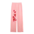 Elegante rosa Satin-Hose mit weitem Bein und zartem Blumendruck für Damen - S / Rosa Freizeithose