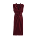 Abito midi bordeaux senza maniche con scollo a V e dettagli drappeggiati eleganti - S / Borgogna