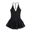 Detail eines schwarzen Neckholder-Kleids mit tiefem V-Ausschnitt und gestuftem Volantsaum - S / Schwarz