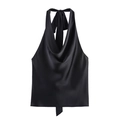 Elegantes schwarzes Satin-Neckholder-Top für Damen mit Wasserfallausschnitt und Seidentextur - S / Schwarz