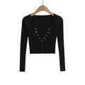 Slim fit black V-neck rib-knit cardigan with decorative silver metal buttons - S / Black