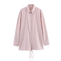 Women's long sleeve striped shirt with turn-down collar and drawstring hem in red white - S / Pink
