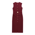 Robe midi sans manches bordeaux avec ceinture, boutons dorés et poches plaquées - Rouge Foncé