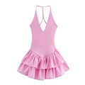 Rosa ärmelloses Neckholder-Minikleid mit tiefem V-Ausschnitt und Rüschensaum auf weiß - S / Rosa