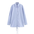 Vertical blue striped long sleeve shirt with lapel collar and adjustable tie-front hem - S / Blue