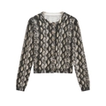 Dettaglio del cardigan in maglia a serpente con scollo rotondo e bottoni marroni - Taglia S / Stampa serpente