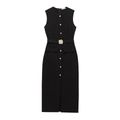 Detail of black sleeveless midi dress with gold buttons, matching belt and side pockets - Black