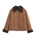 Women street fashion brown corduroy jacket with contrast fleece collar and cuffs - XS