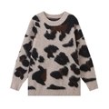 Women's leopard print knit sweater with round neck in oatmeal color for autumn - S / Khaki