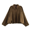 Women's coffee brown faux suede bomber jacket with turn-down collar and ribbed hem - Brown