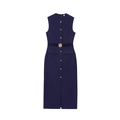 Robe mi-longue sans manches bleu marine avec boutons dorés et ceinture à la taille - Bleu marine