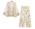 Women's 2-piece cream floral casual set with button-down shirt and wide-leg trousers - S / Cream Floral Outfit