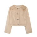 Chaqueta corta de piel sintética beige para mujer con cuello redondo y cierre de botones - XS / Caqui