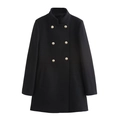 Elegant black double-breasted wool blend coat with gold buttons and stand collar - XS / Black