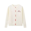 Cardigan in maglia crema da donna con bottoni a cuore rossi e ricamo con scritte rosse - S / Bianco Sporco