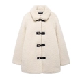 Women's cream faux fur coat with lapels and black leather buckles in street style - XS / Off White