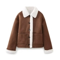 Giacca corta da donna in finto camoscio marrone con colletto in pile bianco - XS / caffè