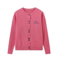 Cardigan in maglia rosa con scollo rotondo e ricamo blu 'have a nice day' chic - S / Rosa