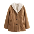 Abrigo de ante sintético marrón para mujer con cuello de forro polar blanco y botones - XS / Camel
