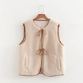Women's cream white fleece sherpa vest with brown contrast binding and front ties - S / Beige