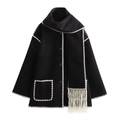 Detail of black wool coat featuring white scalloped edges and elegant matching fringe scarf - XS / Black