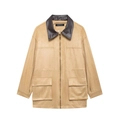 Chaqueta de gamuza caqui para mujer con cuello de cuero y bolsillos grandes de estilo - S / Caqui