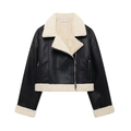 Women's faux leather moto jacket with faux shearling collar and zip closure - XS / Black