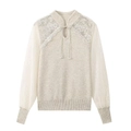 Elegant beige knit top featuring white floral lace sleeves and vintage pearl button accents - S / Apricot