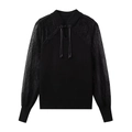 Women's vintage slim black knit top with floral lace sleeves and beaded neck detail - S / Black