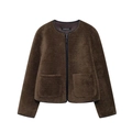Chaqueta de forro polar marrón oscuro para mujer con ribetes de cuero negro - XS / Marrón Oscuro