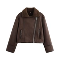 Women's dark brown faux suede biker jacket with thick sherpa collar and metal zipper - S / Dark Brown