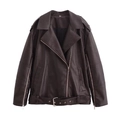 Giacca biker vintage da donna in ecopelle marrone con cerniera asimmetrica e cintura - S / Marrone Scuro