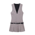 Vestido plisado a cuadros para mujer con cuello en V y cinturón negro de estilo minimalista - XS / Cuadrícula Kaqui
